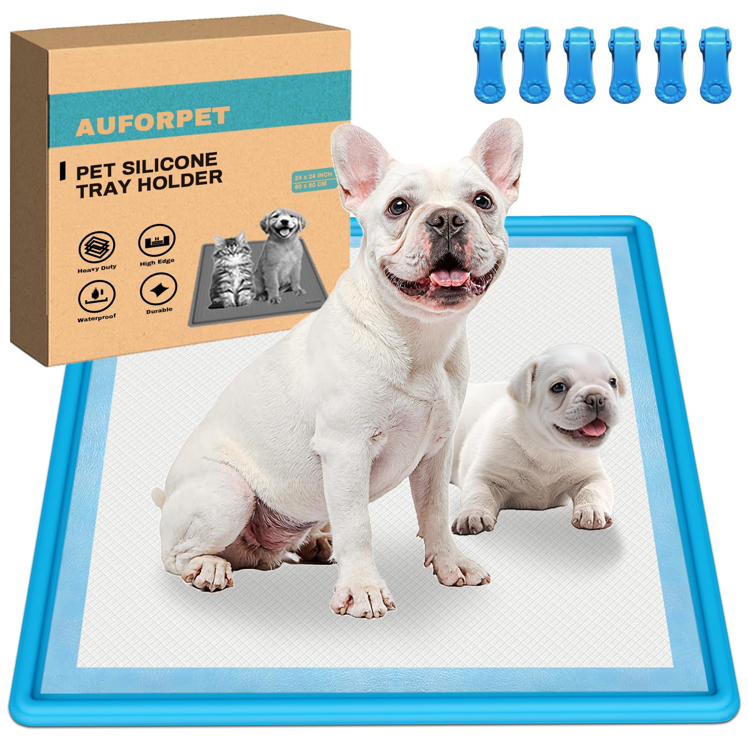 AUFORPET Pee Pad Holder, Puppy Pad Holder, 24" x 24" Heavy Silicone Pee Tray Mat for Dogs with Clips, Reusable, High Edge, Leak-Proof Toilet Training