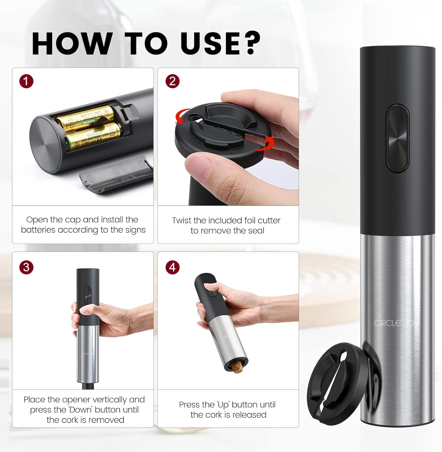 Step-by-step guide on how to use the CIRCLE JOY Electric Wine Opener