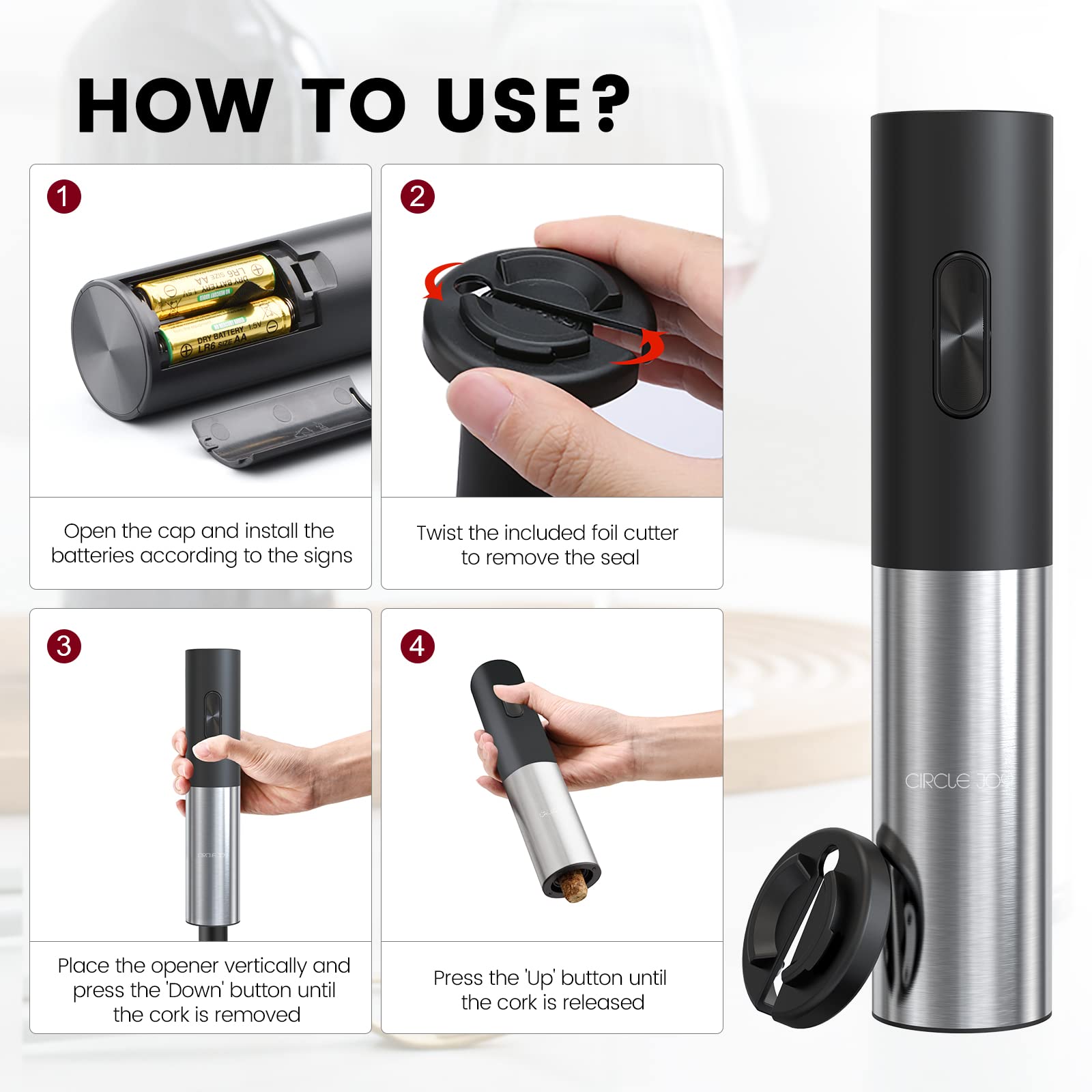 CIRCLE JOY Cavatappi Elettrico Apribottiglie Automatico, Estrattore Di Vino Motorizzato A Batteria Con Tagliacapsule Bloccabile, Batterie Non Incluse