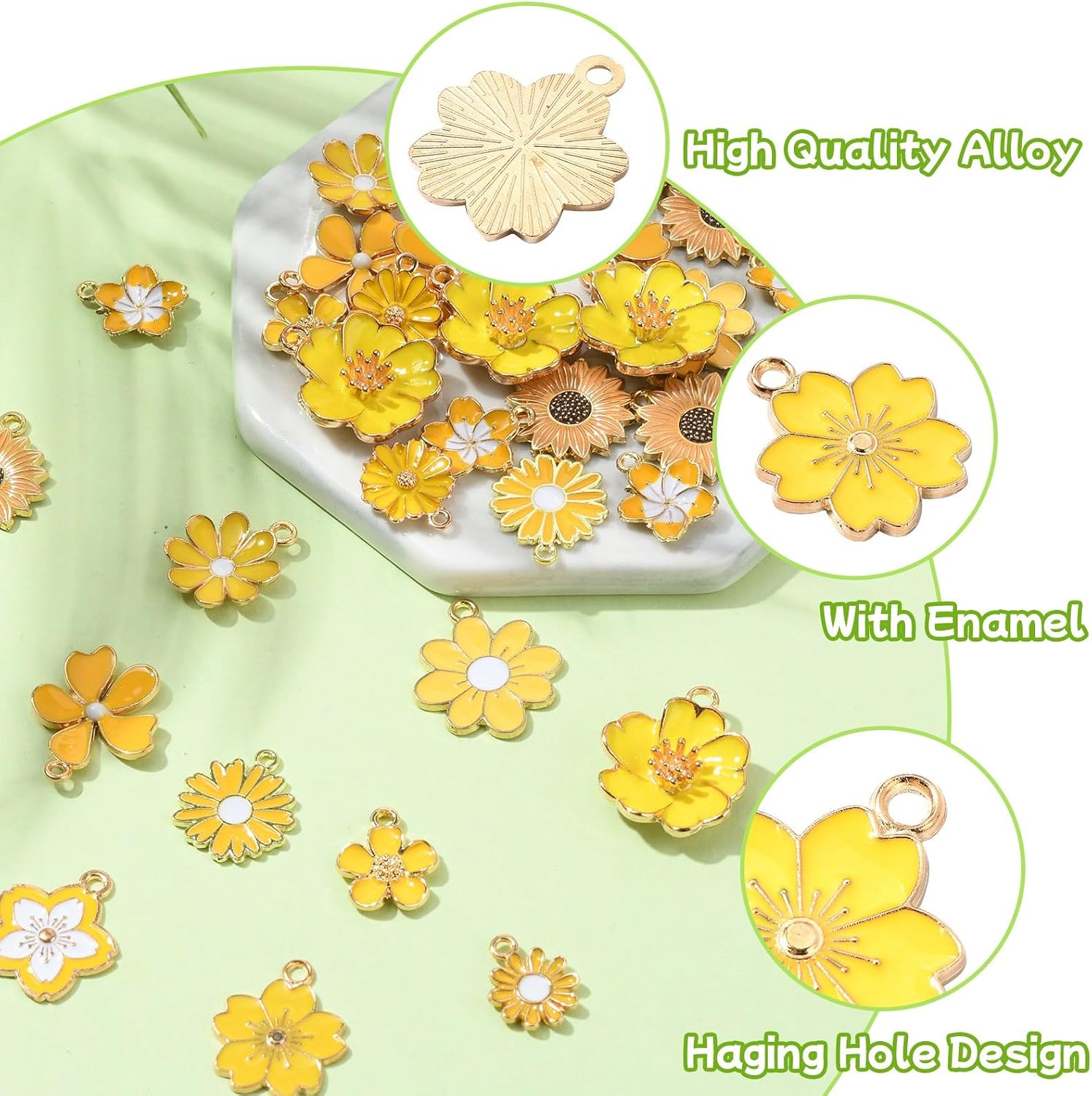 LiQunSweet 60 pcs 12 Styles Yellow Flower Theme Enamel Charms Sunflower Daisy Cherry Blossom Five-petal Floral Charms for DIY Jewelry Necklace Bracelet Earring Crafts