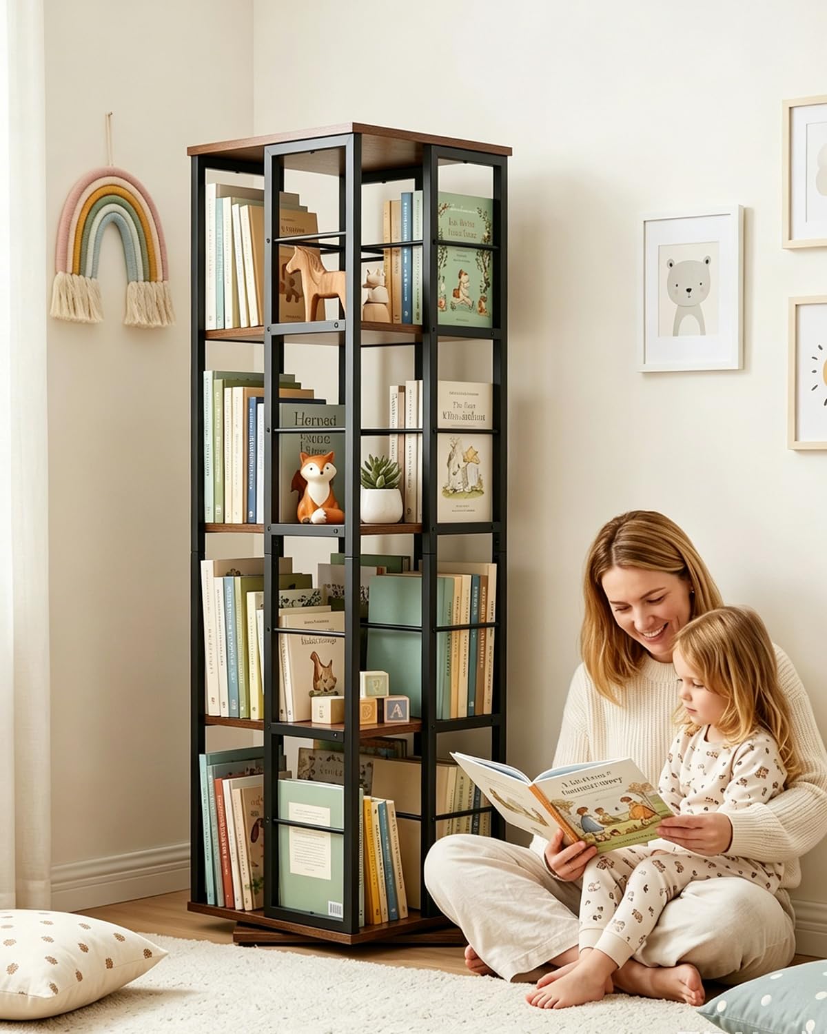 Drehbares Bücherregal 360 Grad, Drehregal Standregal mit 4 Ebenen, Rotating Bookshelf Platzsparend, Bodenstehendes Bücherschrank Holz, Drehregal Bücher für Wohnzimmer, Schlafzimmer, Büro (Schwarz)