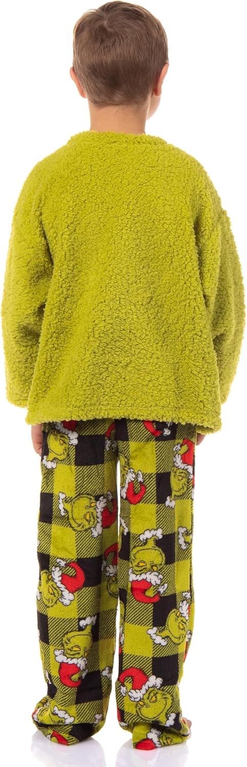 Dr. Seuss GRINCH Kids Santa Plaid Plush Fleece Pajama Sleep Set