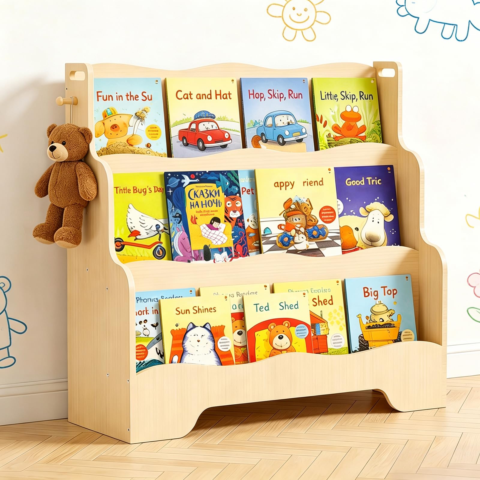 Bibliotheque Enfant en Bois, 3 Niveaux Etagere Rangement Livre Enfant, Bibliothèque Enfant Montessori avec Crochet, Enfant Chambre Meuble 1-3 Ans (Couleur Bois Naturel)