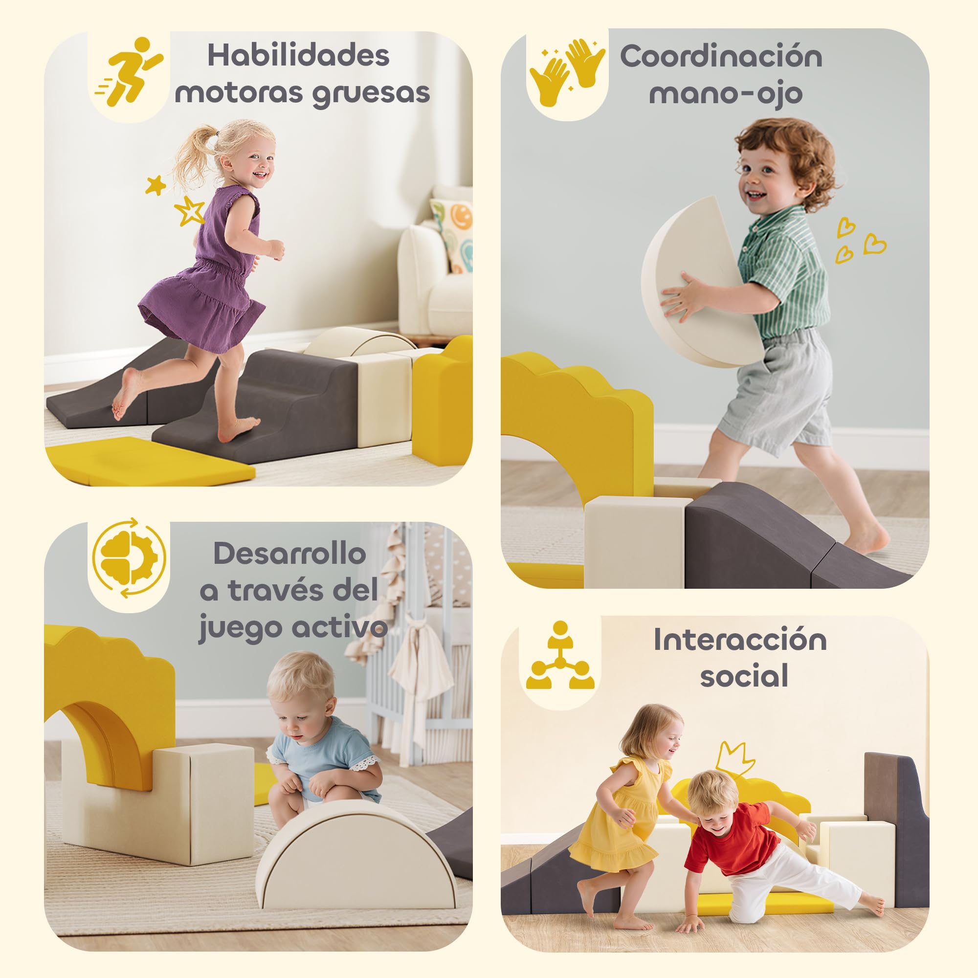 AIYAPLAY Juego de 7 Bloques de Espuma para Niños, Bloques de Psicomotricidad, Figuras de Construcción, Juguete para Aprendizaje para Escalar y Gatear, Amarillo