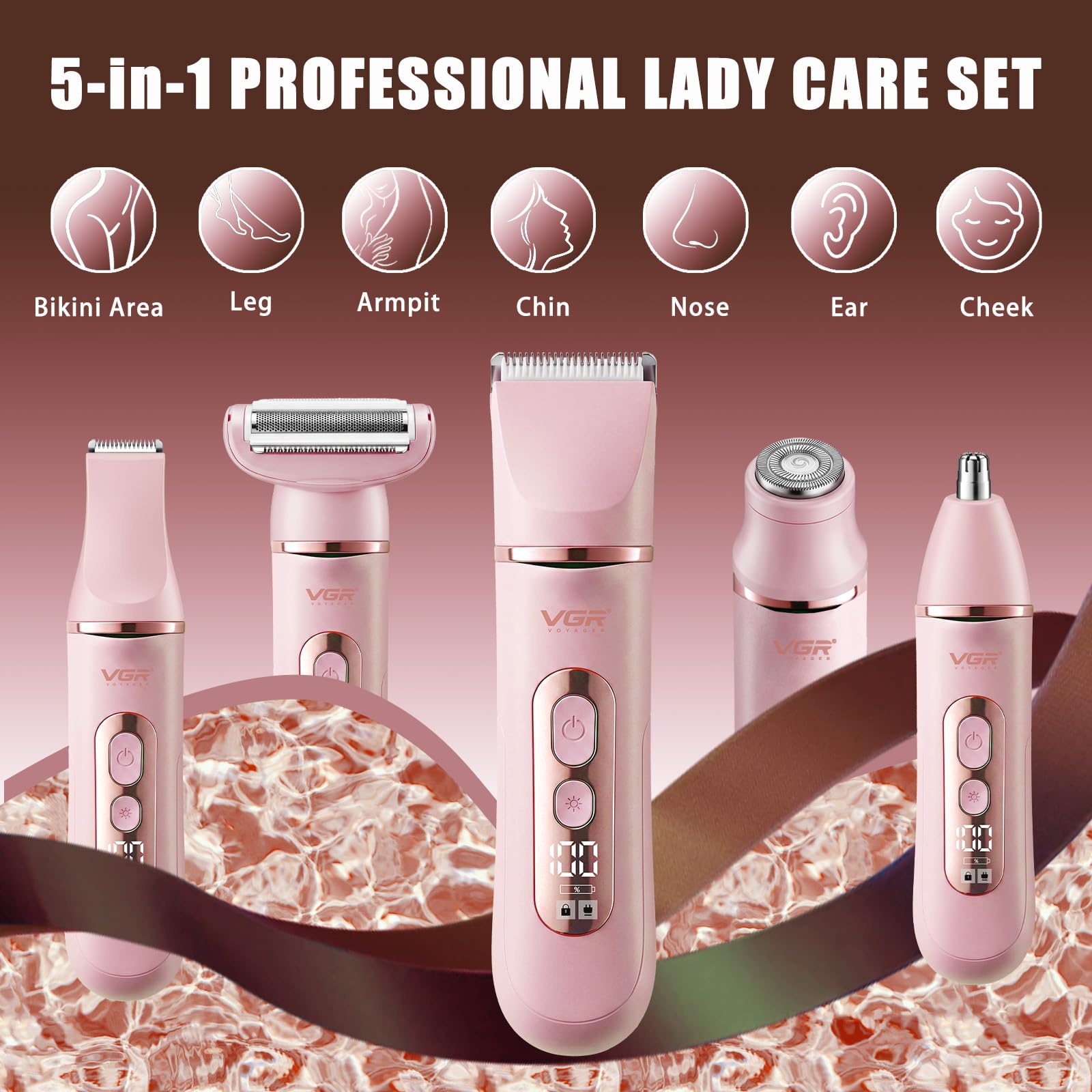 VGR 763 Epilatore Donna Elettrico 5 in 1, Depilatore Ricaricabile Senza Fili, Rasoiatore Viso, Epilatore Corpo Wet & Dry per Viso, Gambe, Ascelle e Zone Intime, Rosa