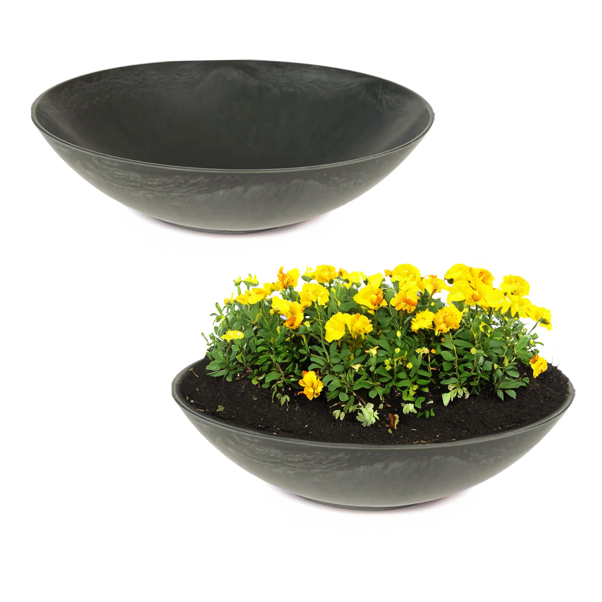 matches21 HOME & HOBBY Wetterfeste Pflanzschalen 2 STK. für draussen in 35 cm - schwarz marmoriert als Blumenschalen - Dekoschalen