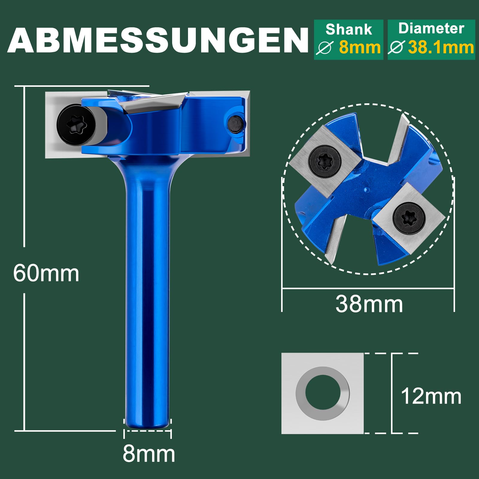 Fresa per legno per fresa superiore, fresa da 8 mm, codolo CNC, diametro di taglio 38,1 mm, con 4 piastre reversibili HM, fresa per fresatura, fresatura e fresatura dei bordi