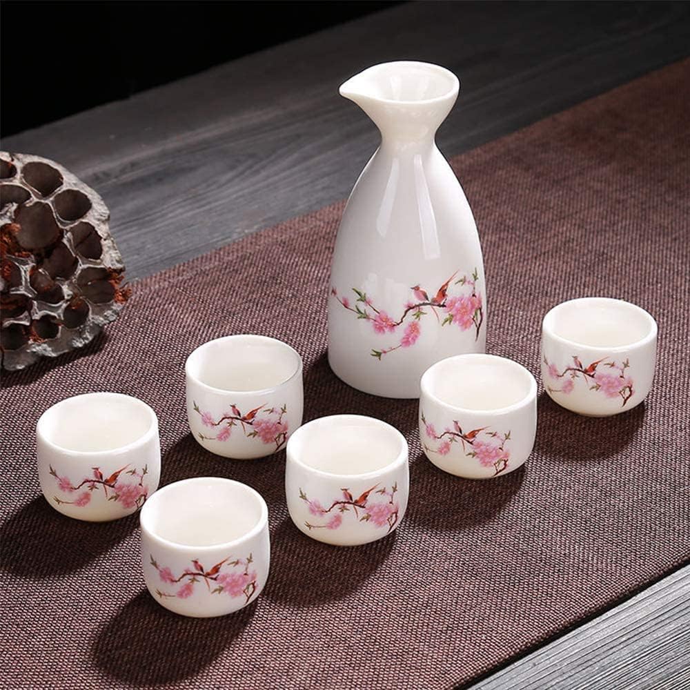 Sake Wine Set, Wine Glass,7 Pieces Sake Set, Ceramics Wine Glasses Set, Quaint Flowers Underglaze Design, for Cold,Warm,Hot Sake/Shochu/Tea