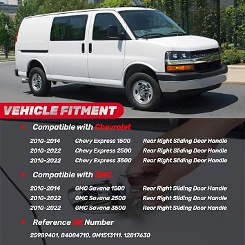 Exterior Sliding Door Handle Rear Right Passenger Side for Chevy Express GMC Savana 1500 2500 3500 Van 2010 2011 2012 2013 2014 2015 2016 2017 2018 2019 2020 2021 2022, Replace 25989401, 84084710