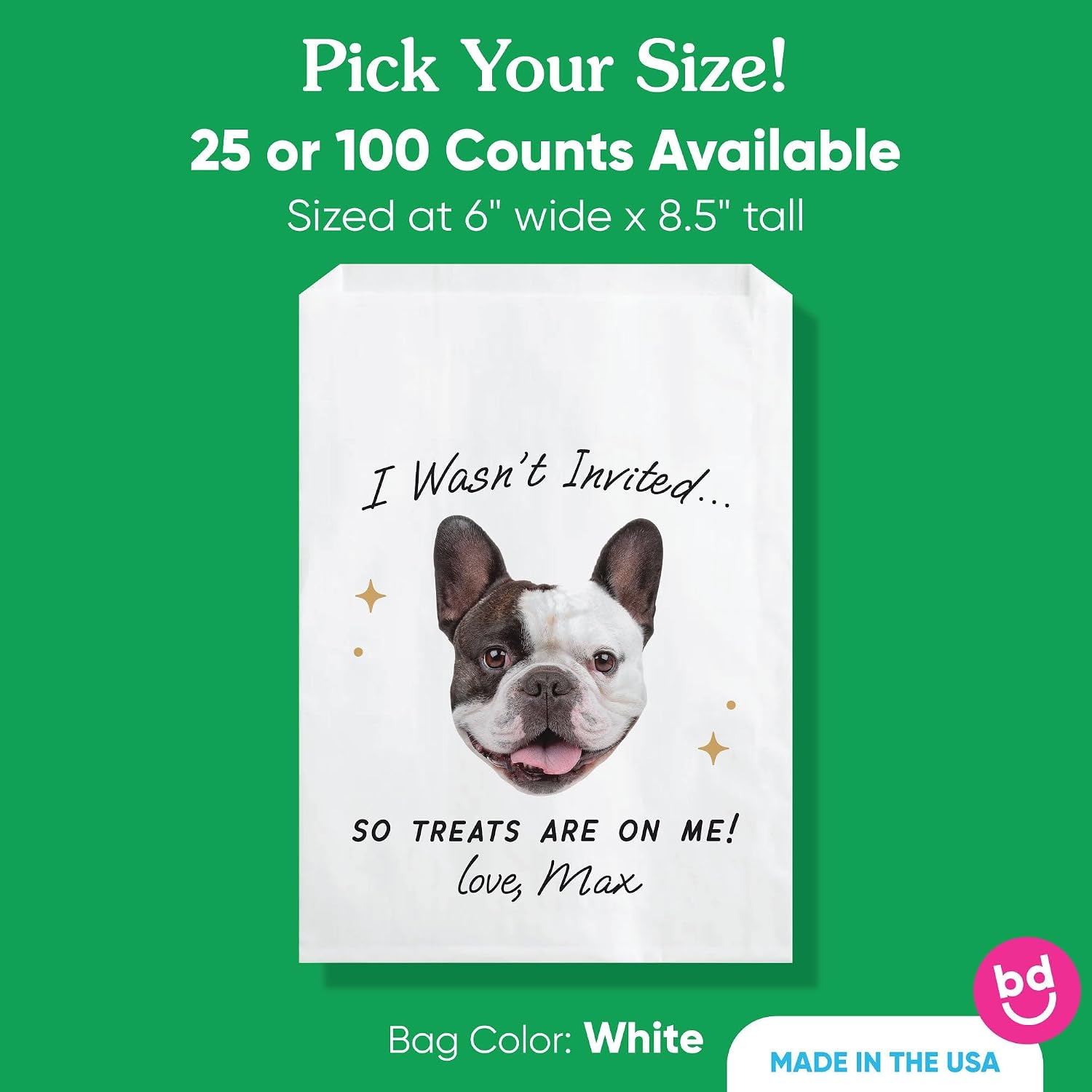 Big Dot of Happiness Custom Photo Pet Not Invited Paper Treat Bags, Personalized Pet Wedding Party Treats on Me Candy Snack Favors, Greaseproof White Sandwich Cookie Bags - 25 Count
