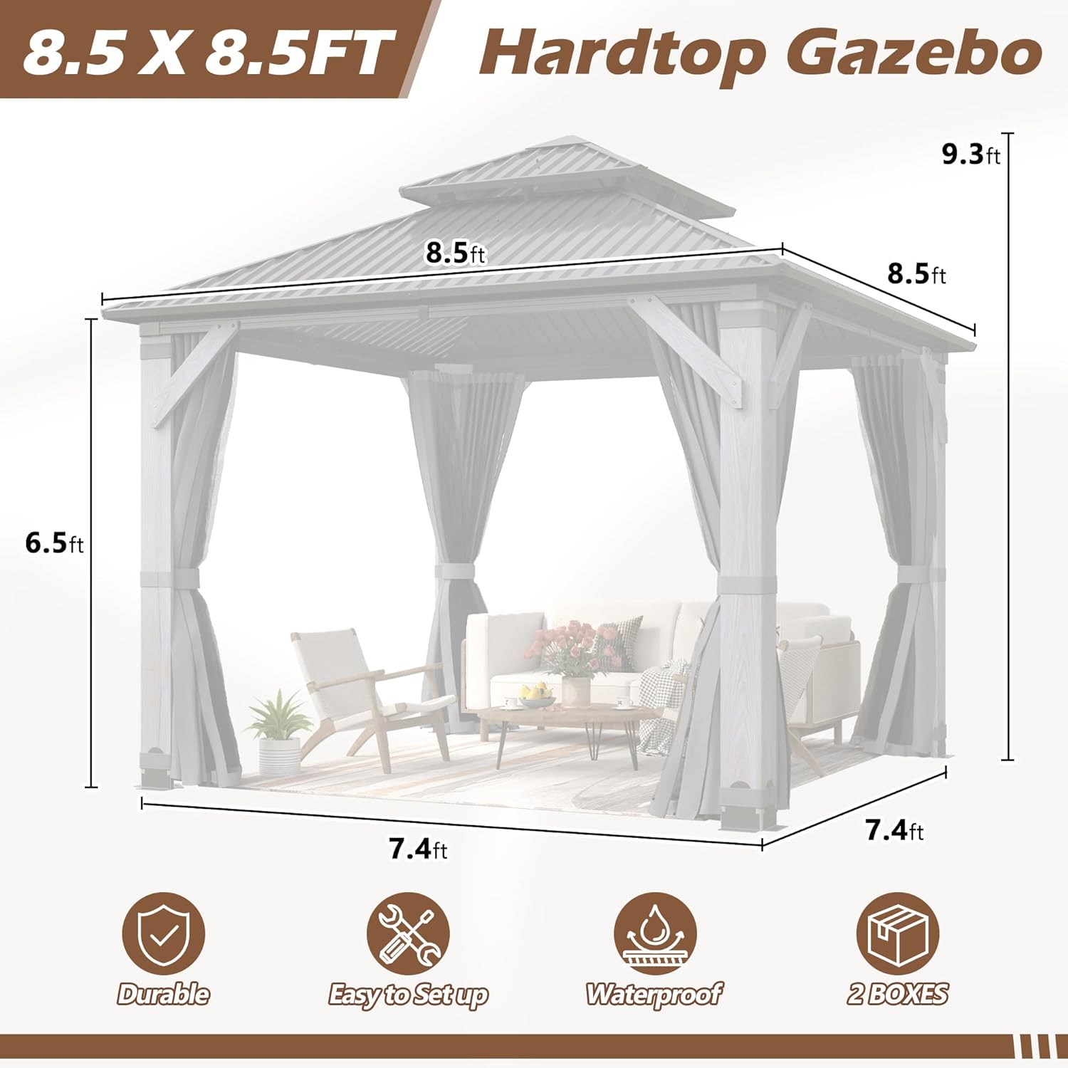 8.5'x8.5' Wood Gazebo, Outdoor Hardtop Gazebo with Wood Posts and Galvanized Steel Doule Roof, Wooden Frame Gazebos with Netting & Curtains for Patio Backyard Deck