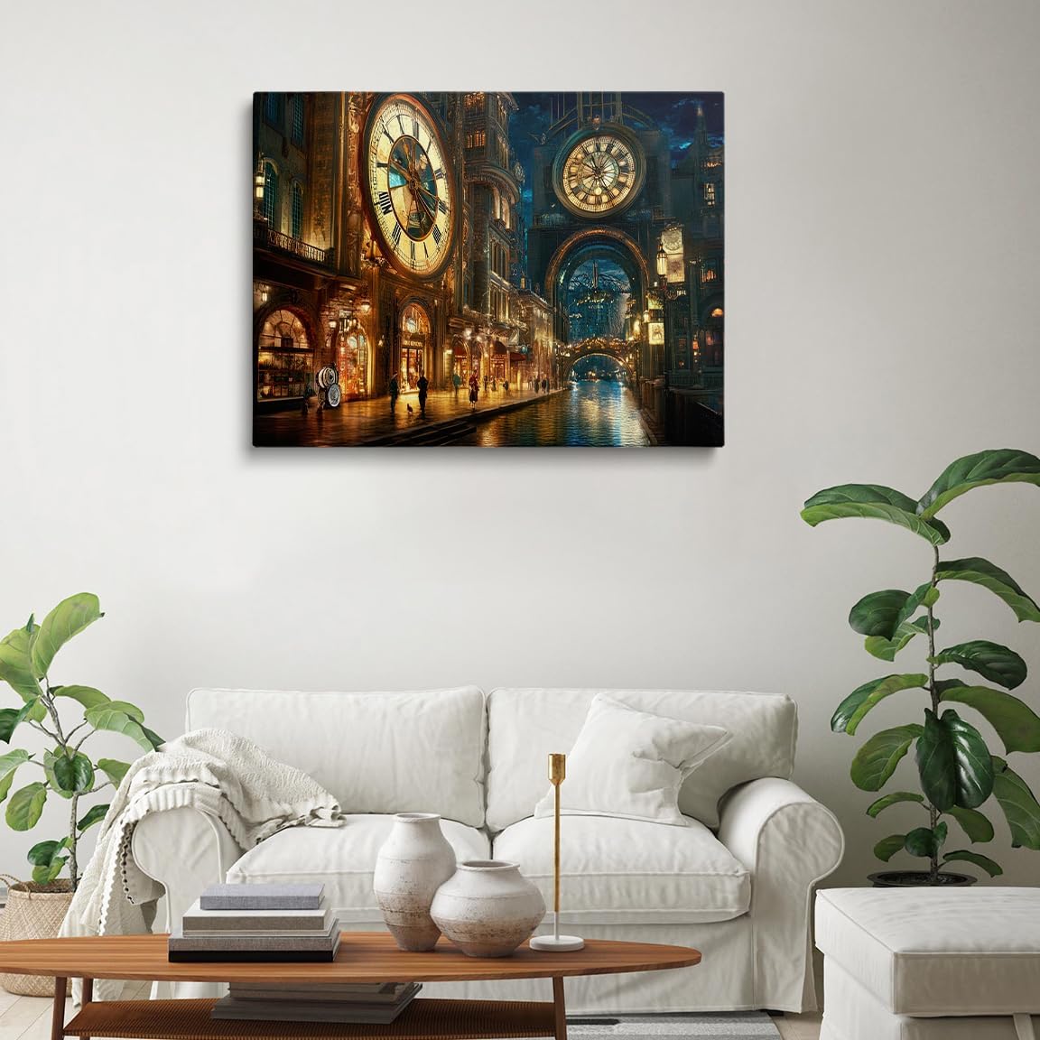Steampunk City Wall Art Nighttime Canal Scene Fantasy Industrial Architecture with Glowing Clock Tower Poster for Bedroom Office or Living Room Decor 16x20in Large Frame wall art