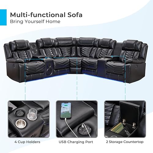 Miniatura 5 de Comfort Stretch Sofá modular reclinable eléctrico con altavoces de graves para sala de estar, sofá modular de esquina reclinable de cuero con luz