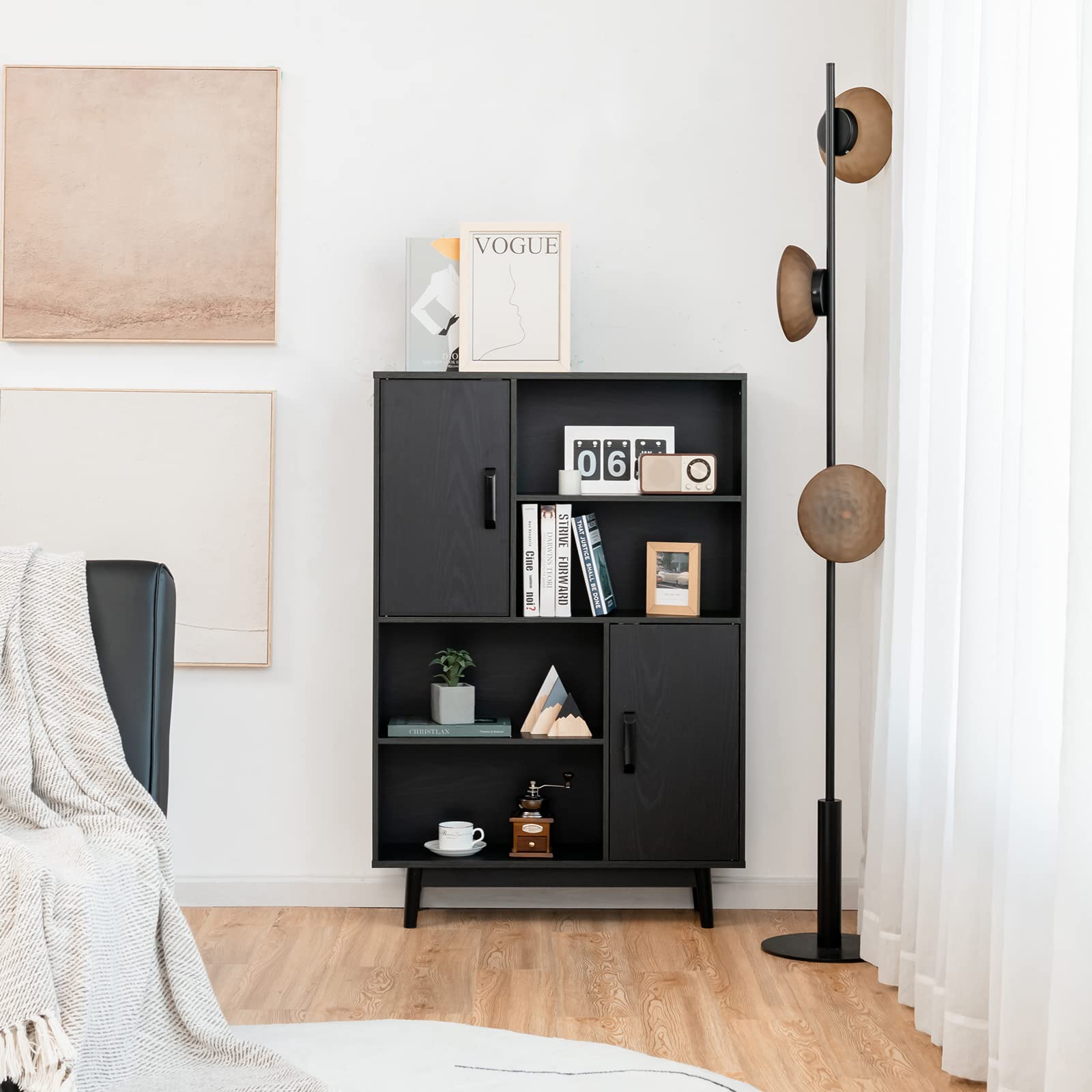 COSTWAY Bücherschrank mit 2 Türen und 4 offenen Regalen, Bücherregal Holz, Standregal, Holzregal, Aufbewahrungsregal für Wohnzimmer, Arbeitszimmer, Küche, 80 x 24 x 120 cm (Schwarz)