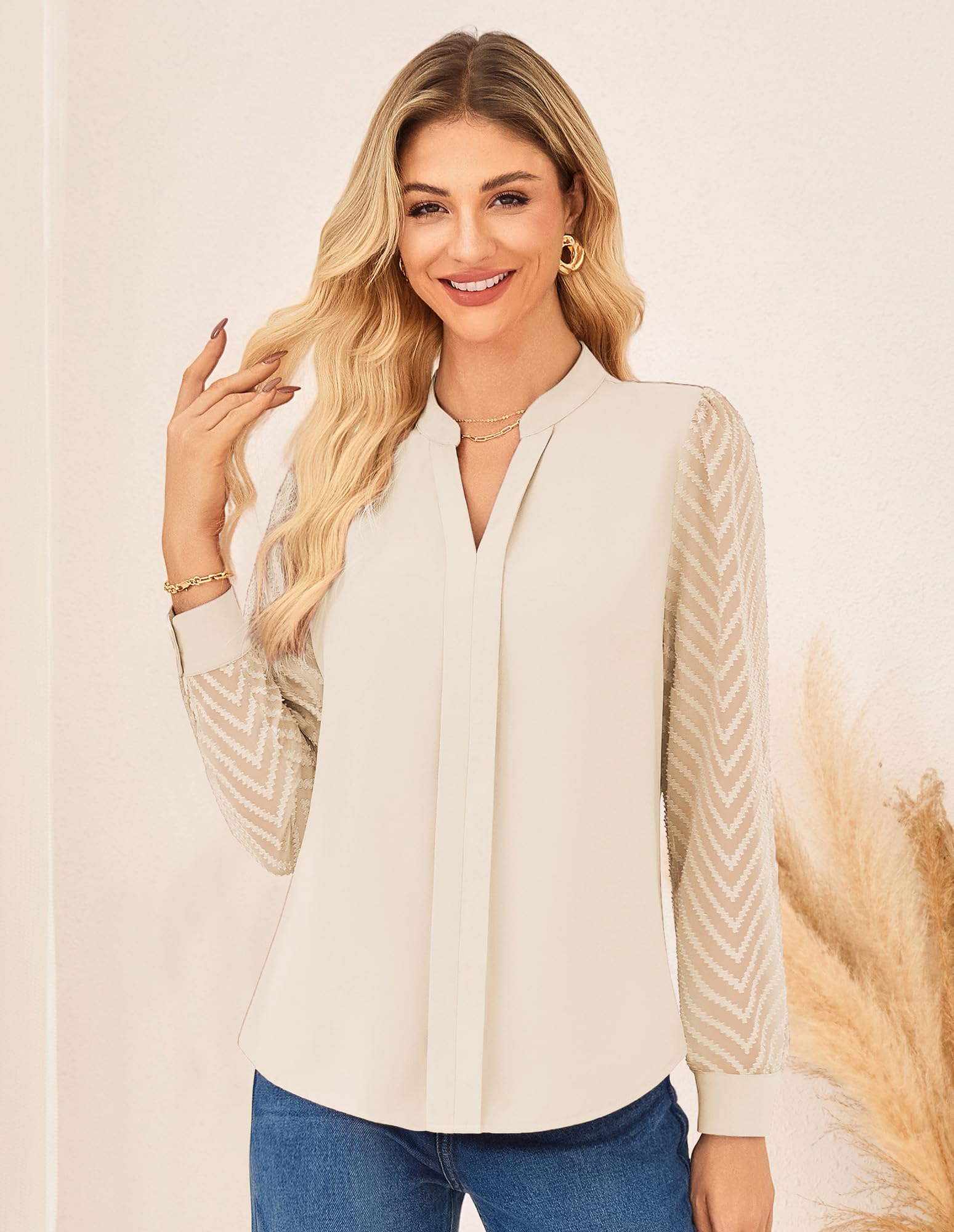GRACE KARIN Camicetta elegante da donna testurizzata con maniche semi-velate, camicia da lavoro classica Henry con scollo a V