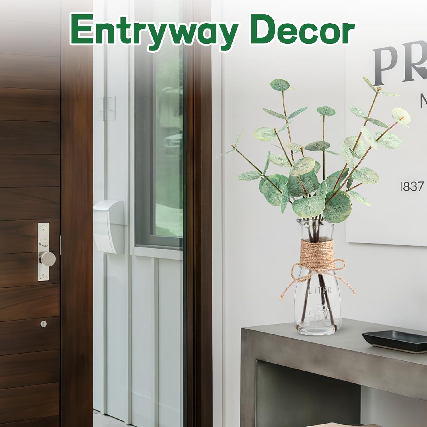 Artificial Eucalyptus Stems in Glass Vase with Faux Water, 15" Small Bathroom Greenery with Double-Sided Green Leaves, Farmhouse Office Decor, Realistic Fake Plant Wedding Centerpiece - Image 7