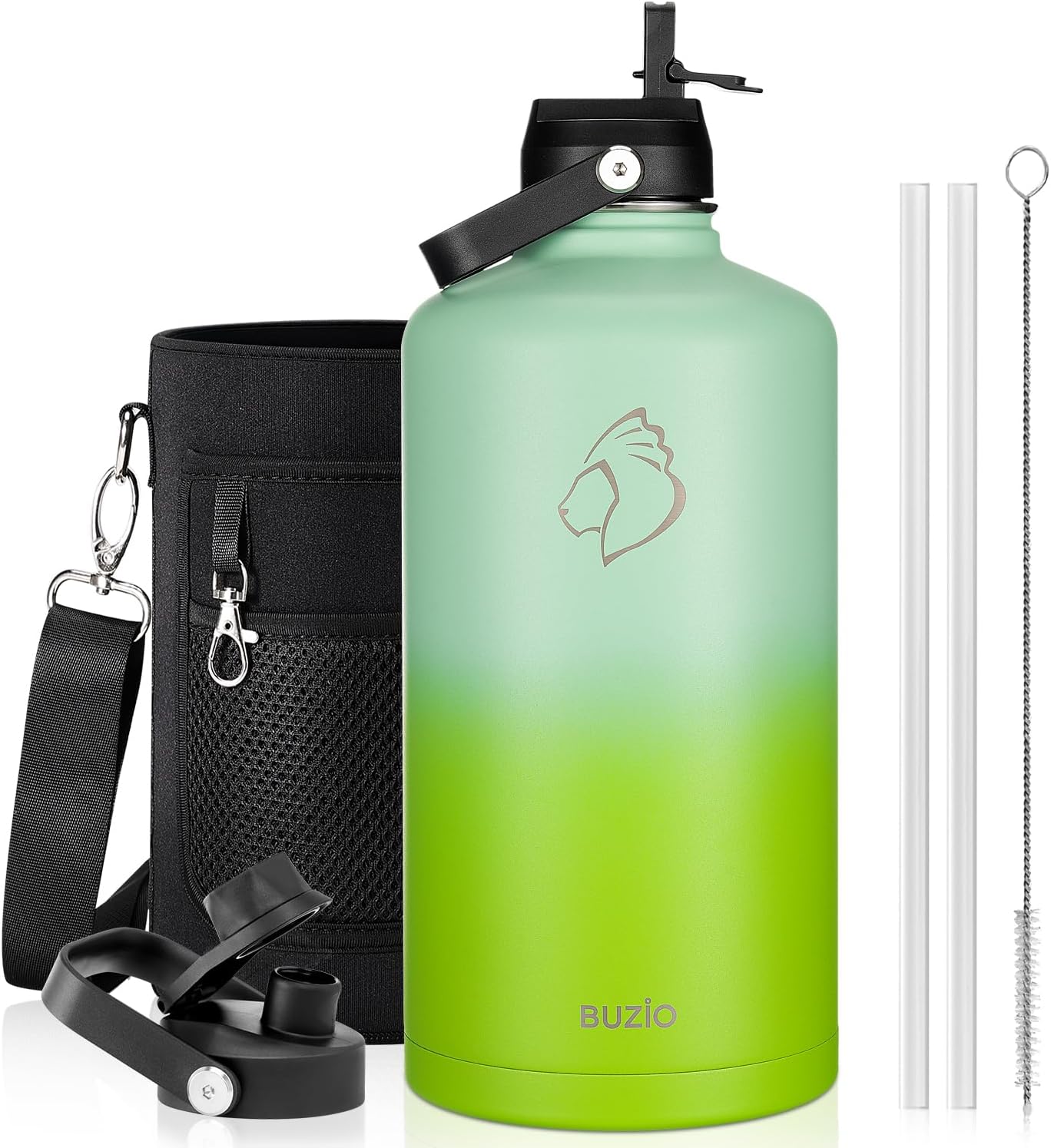 BUZIO 128oz Gallon Water Bottle, Insulated Water Jug with Straw Lid and Carrying Sleeve (Cold for 48 Hrs) Stainless Steel Hydro Metal Canteen Water Flask, Gradient Green
