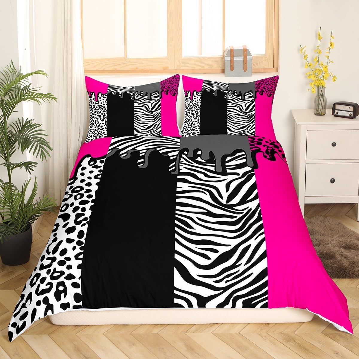 Feelyou Leopard Bedding Set for Girls Boys Kids King Size Hot Pink Black White Cheetah Comforter Cover Set Room Decorative Animal Print Duvet Cover Safari Zebra Bedspread Cover 3Pcs Bedclothes
