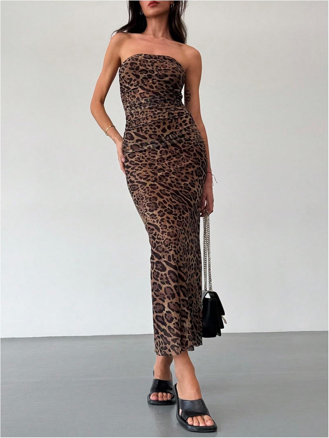 GORGLITTER Women's Mesh Strapless Ruched Bodycon Maxi Dress Wedding Guest Prom Cocktail Summer Y2k Long Tube Dresses - Image 6