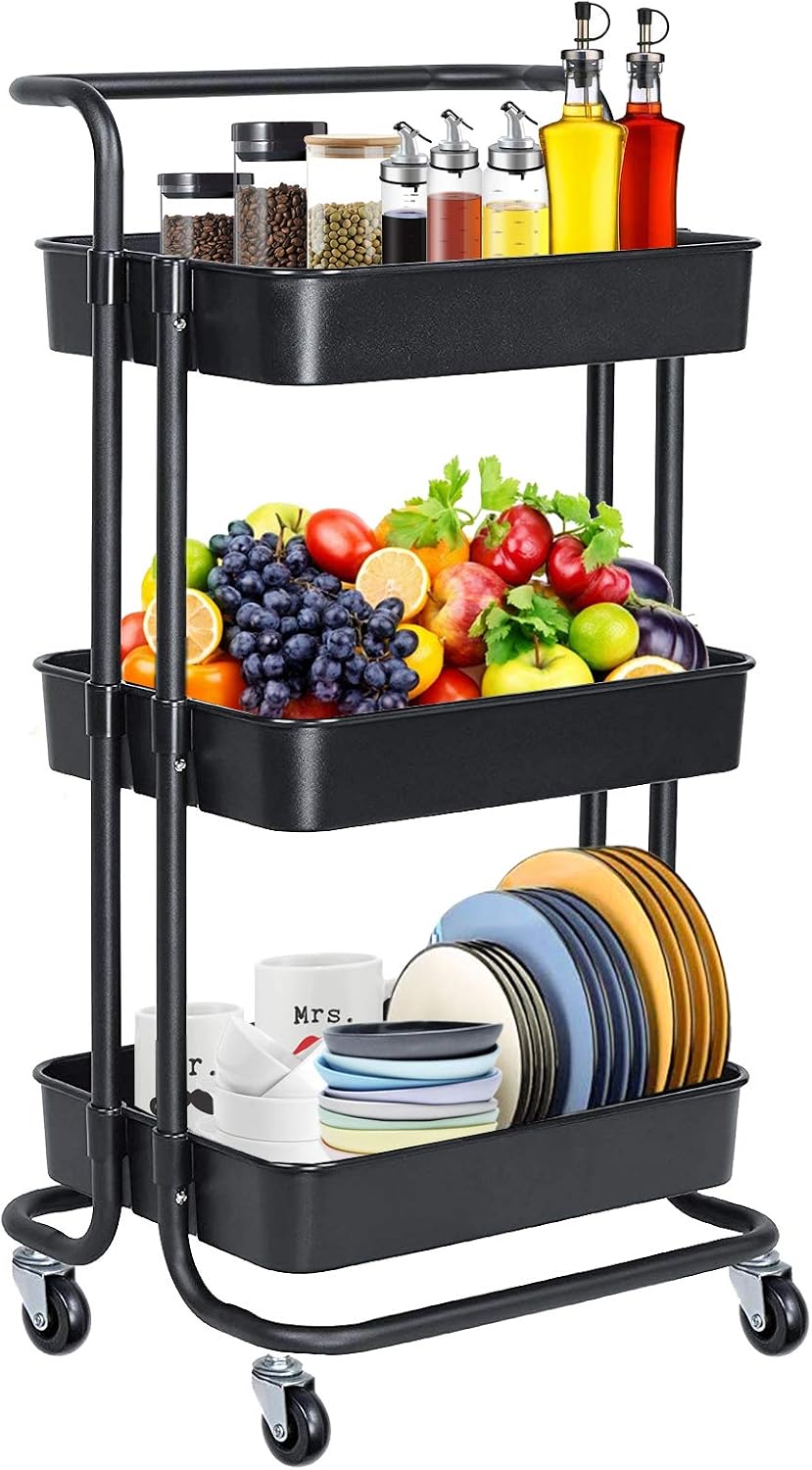 3 Tier Rolling Cart, Rolling Storage Cart, Utility Cart with Lockable Wheels, Utility Storage Cart with Mesh Basket and Handles, Easy Assembly for Kitchen, Bathroom, Library, Black