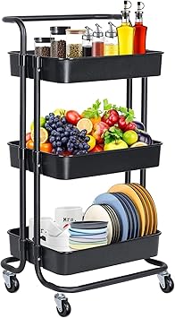 Amazon Com 3 層滾動推車 滾動式存儲推車 帶可鎖定車輪的實用推車 帶網狀籃子和把手 易於組裝 適用於廚房 浴室 圖書館 黑色 辦公用品