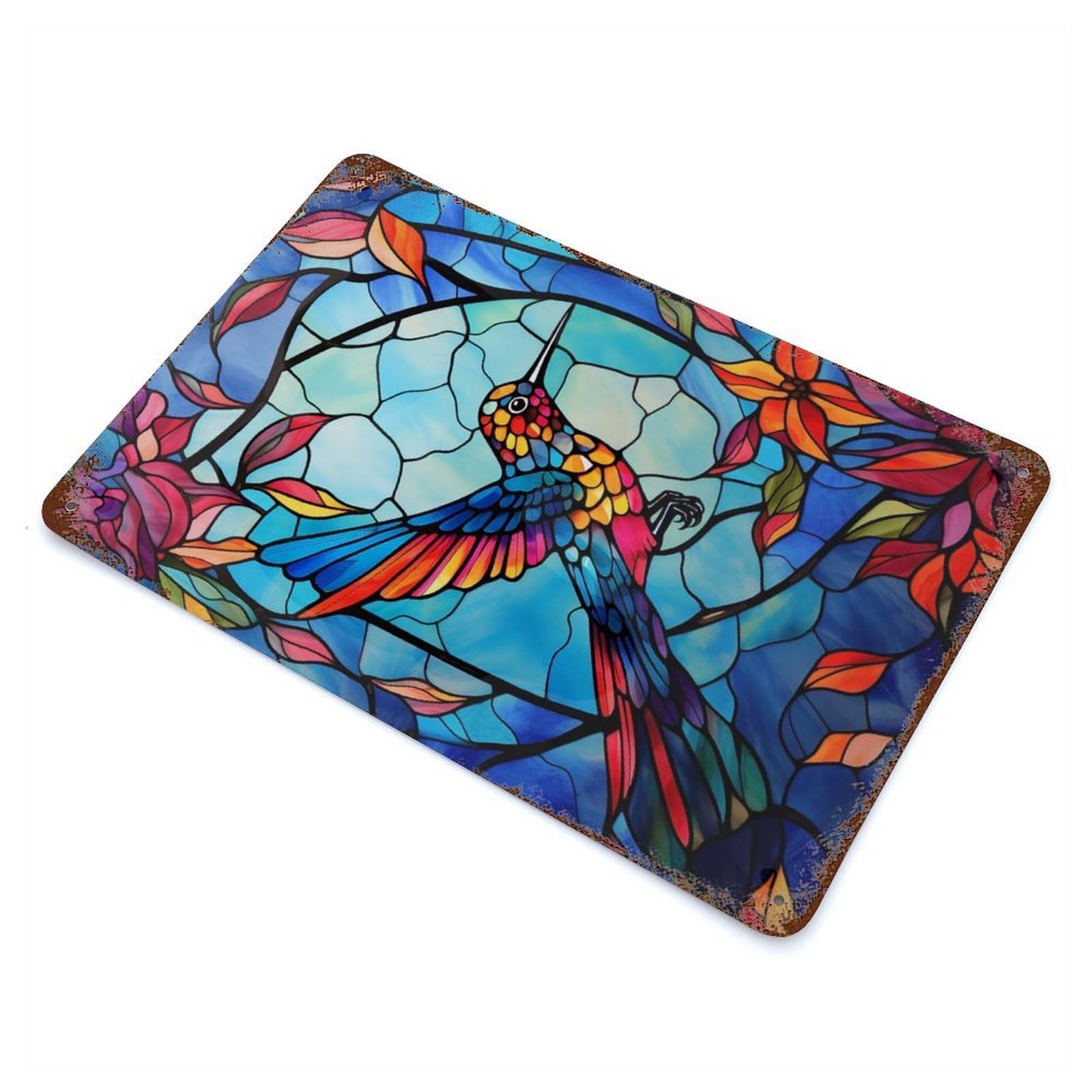 Distressed Metal Wall Sign with Glass Hummingbird No6 Design 11.8"x7.9", for Living Room, Hallway And Home Decor, Vintage Wall Decor