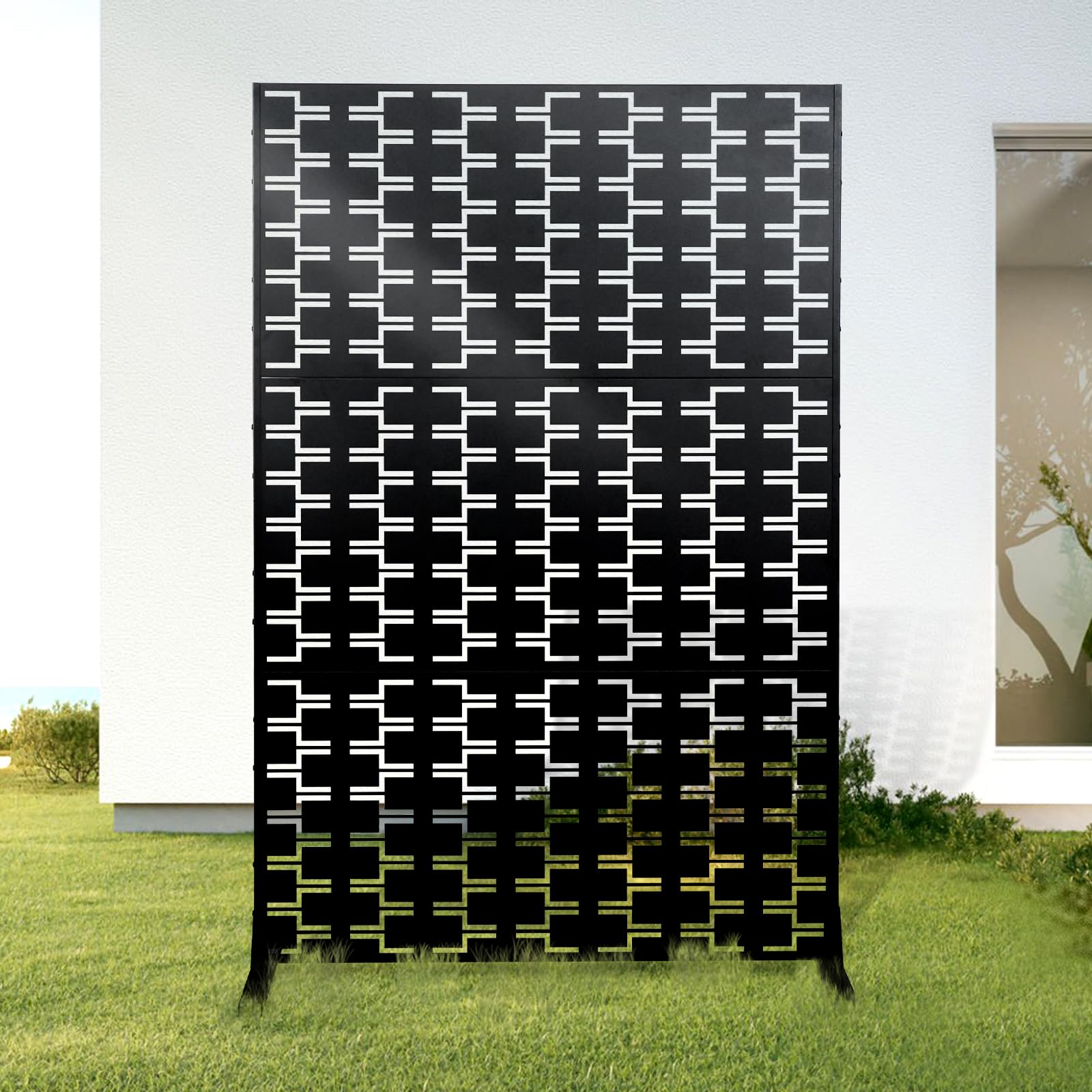 Metal Privacy Screen Outdoor 72" H×47" W Freestanding Privacy Screen Black Decorative Privacy Fence Panel for Patio Balcony Indoor Deck Lawn Garden Backyard Black-Brick