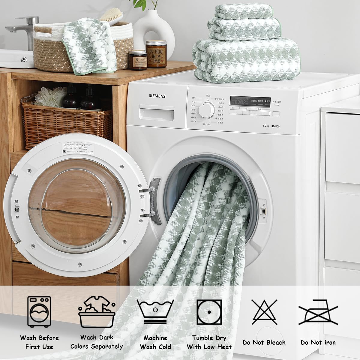 12 Pcs Green White Diamond Towel Set-4 Bath Towels,4 Hand Towels,4 Washcloths Soft Polyester Towels with Loop Absorbent Shower Towel Quick Dry Beach Chair Towel Family Towels for Bathroom Spa Gym Pool