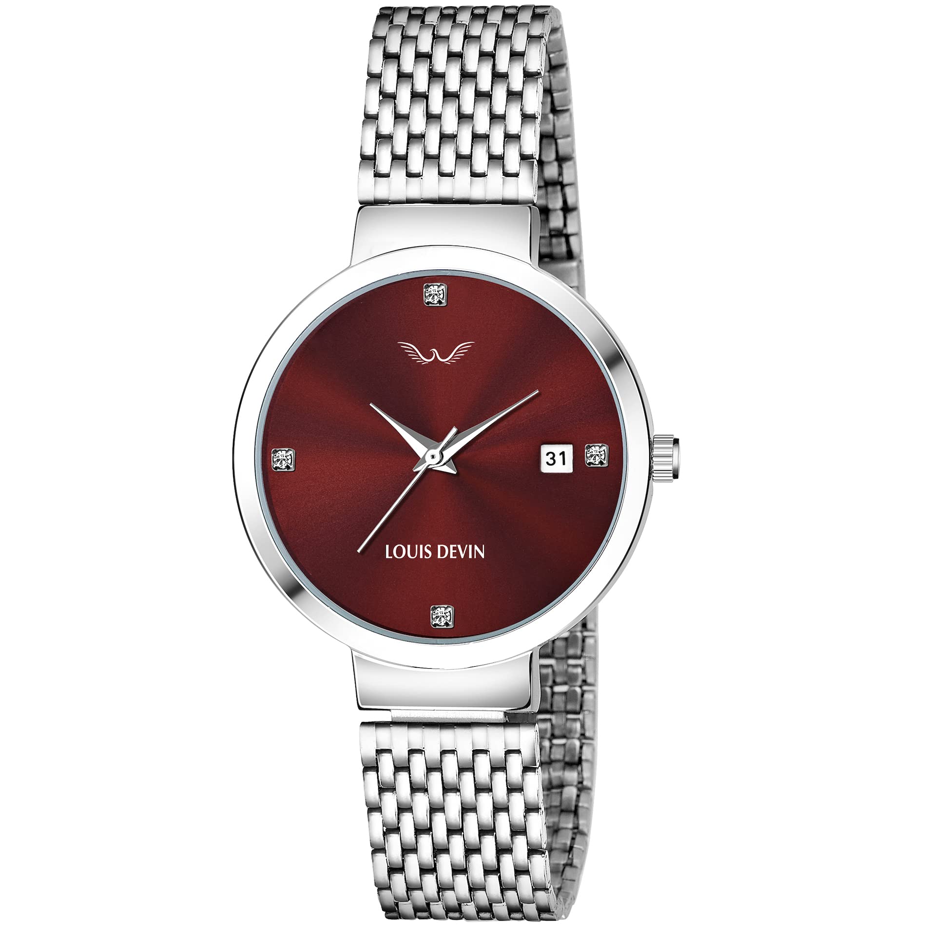 LOUIS DEVIN Stainless Steel Women Watch (Steel Chain Anlog Analogue Wrist Watch L150-Wyn-Ch), Red Dial, Silver Band (B09F3NLHWM) Amazon Price History, Amazon Price Tracker