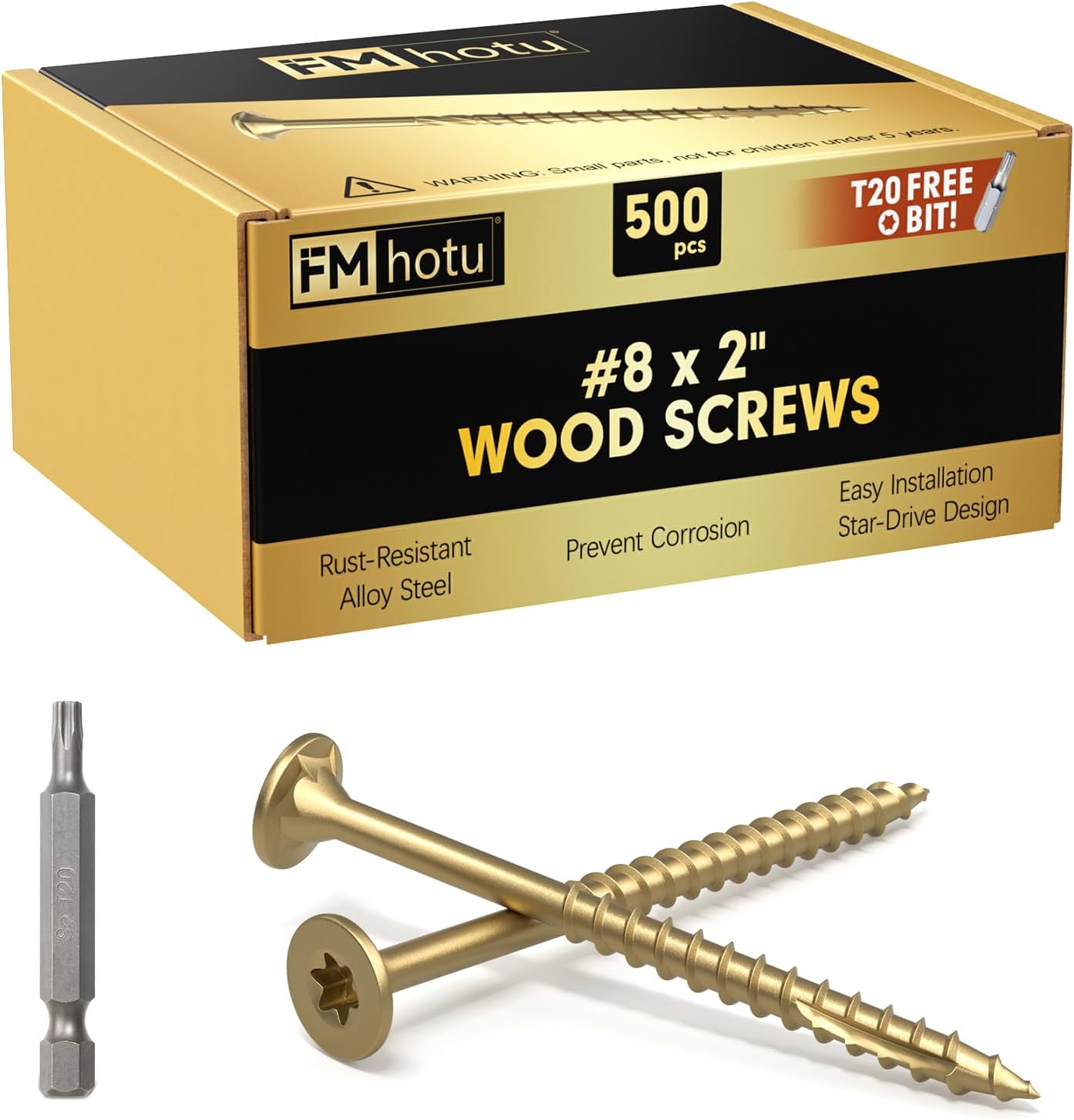 #8 x 2” Deck Screws, 500Pcs Star Drive Wood Screws, Rust Resistant Timber Screws for Timber/Log/Landscaping Wood, T20 Star Bit Included, Gold