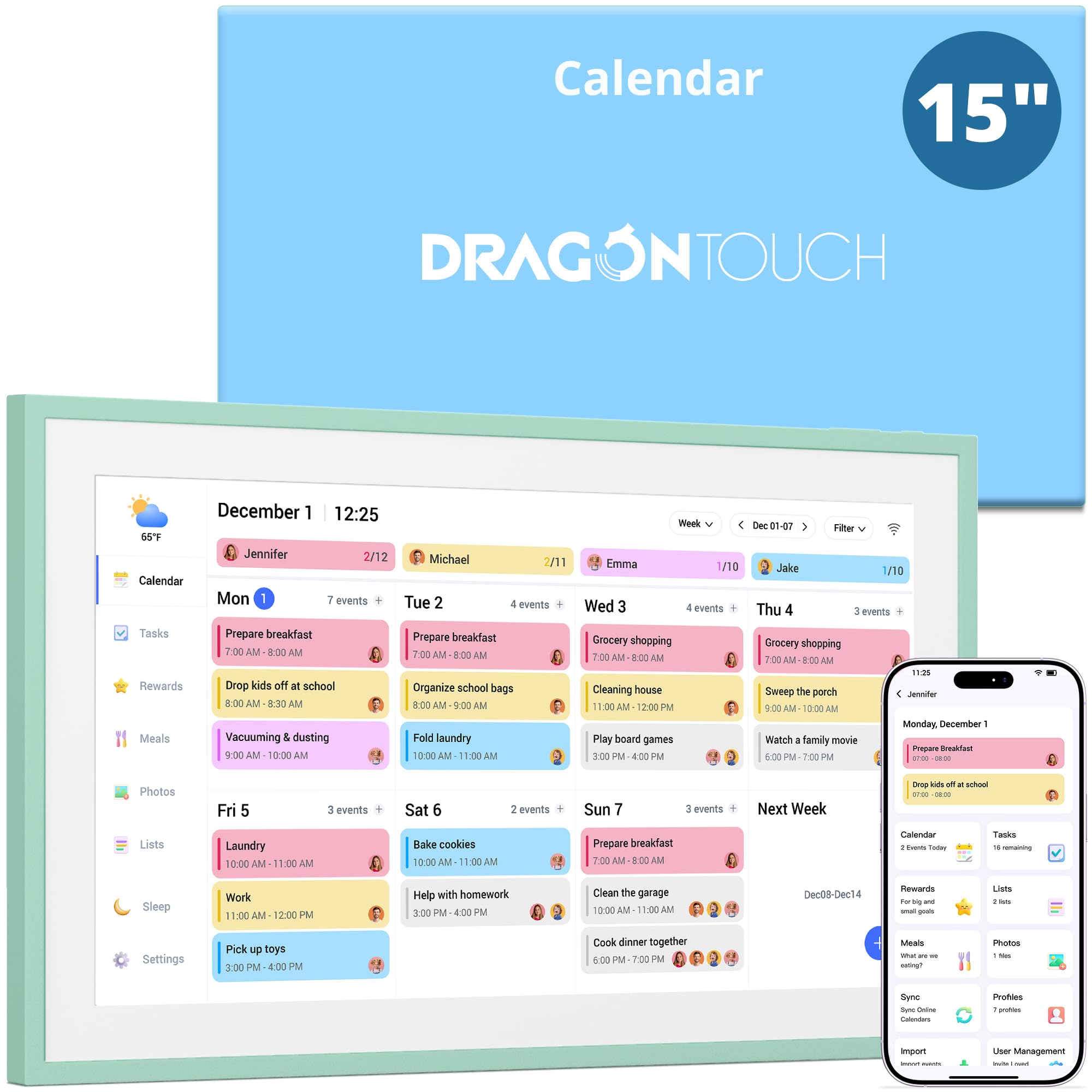 Dragon Touch 15.6 inch Digital Calendar &amp; Chore Chart - Interactive Touchscreen Smart Family Planner,Digital Picture Frame for Mom, Women, Christmas &amp; Weddings Mint Green