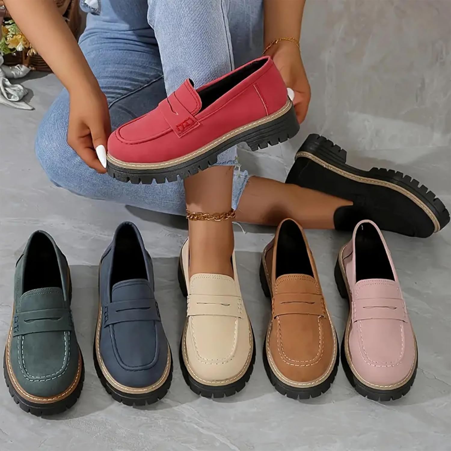 Women's Platform Chunky Loafers Shoes Comfortable Slip-On Lug Sole Work Dress Shoe Fashionable Round Toe Casual Loafers - Image 4