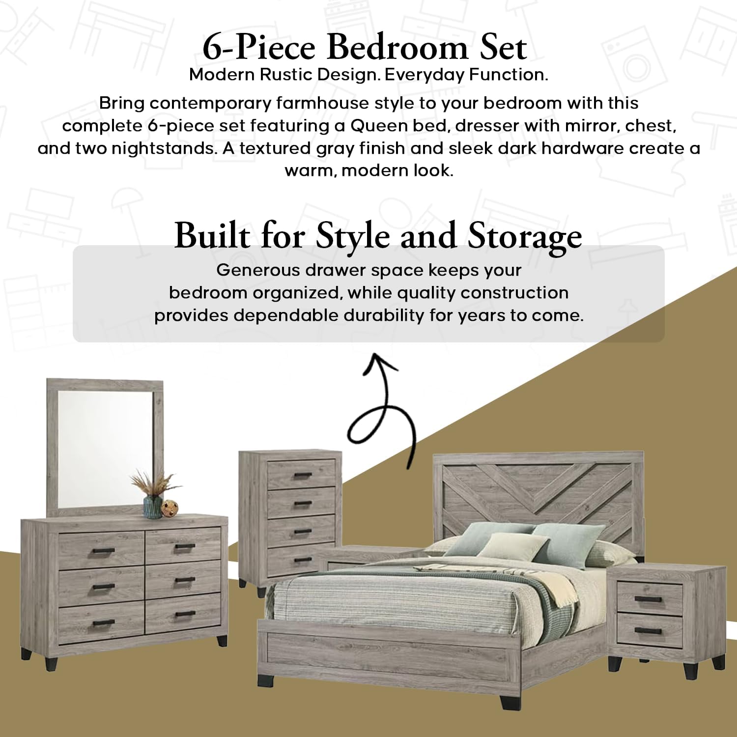 Kings Brand Furniture Napa Farmhouse 6-Piece Bedroom Set - Bed Frame with Headboard, Dresser and Mirror, Chest and 2 Nightstands (Queen)