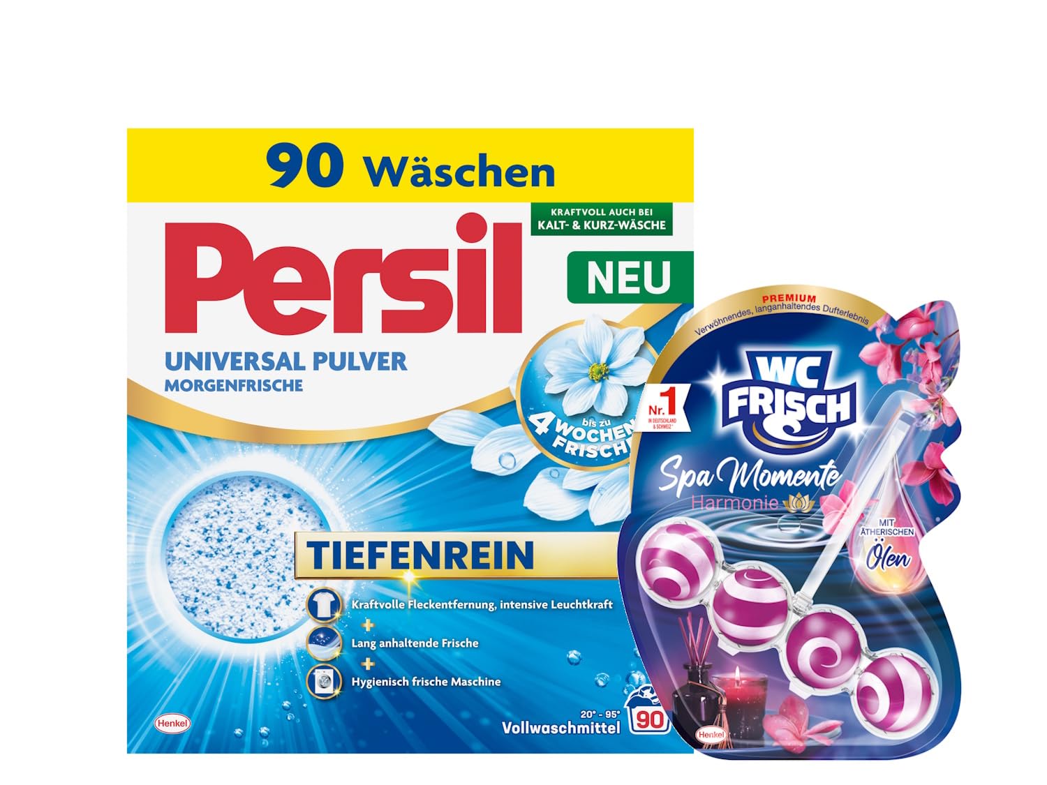 PERSIL Universal Pulver Morgenfrische 90 WL 4,95 kg + WC FRISCH Spa Momente Harmonie 1x 50 g – Langanhaltendes Dufterlebnis, Frische für die ganze Wohnung