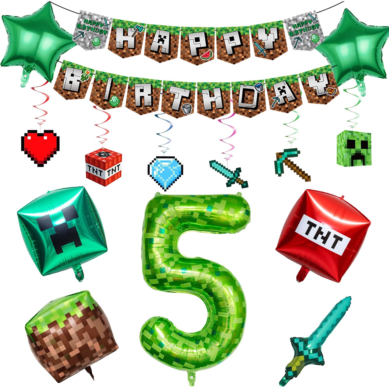 14PCS Birthday Party Decorations for Boys, Birthday Kit Includes Banner Swirls Foil Balloons for Cartoon Supplies, Game Themed Party Supplies Decorations for Boys Girls