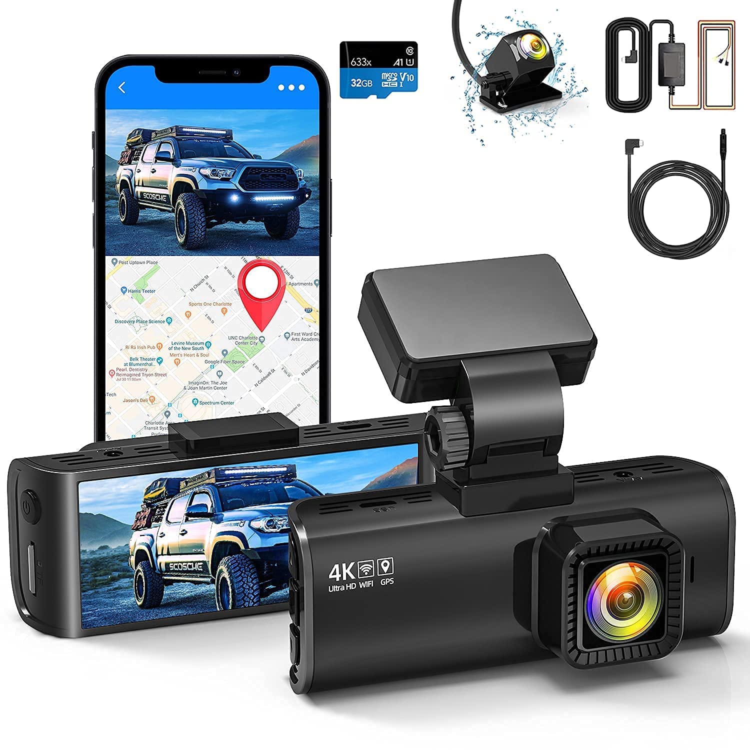 REDTIGER F7N 4K Dual Dash Cam Built in WiFi/GPS with Micro USB Hardwire Kit, 33Feet Backup Camera Ex