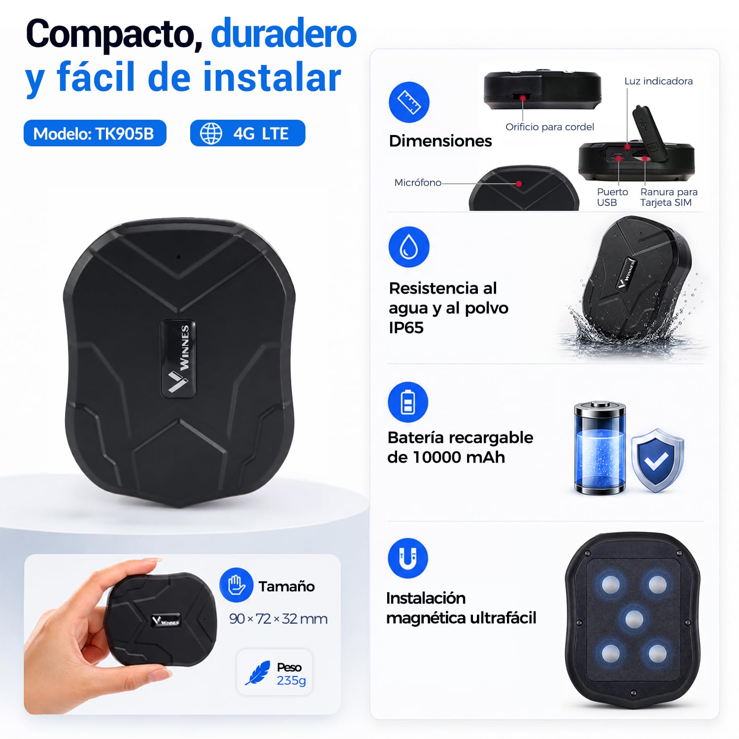 4G Trazador GPS Coche con micrófono imán Incorporado fijación Segura con Alerta antirrobo en Tiempo Real y Larga duración localizadores de Objetos geolocalizador antirrobo Alarma TK905B-10000mah