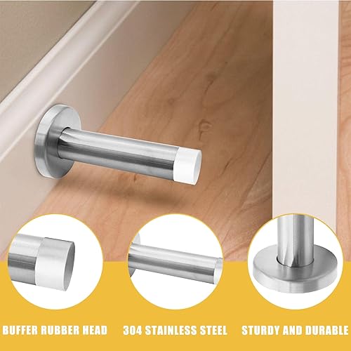 Miniatura 2 de Jersvimc 1 tope de puerta de acero inoxidable 304 plateado con punta de parachoques de goma blanca, tope de puerta de amortiguación de sonido,