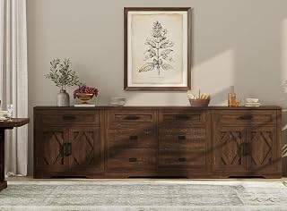 WAMPAT 3-in-1 Sideboard Buffet Cabinet, 110" Wide Kitchen Storage with Drawers & Doors, Modern Farmhouse Coffee Bar Wooden Credenza with Shelves for Dining,Living Room,Entryway,Hallway, Brown