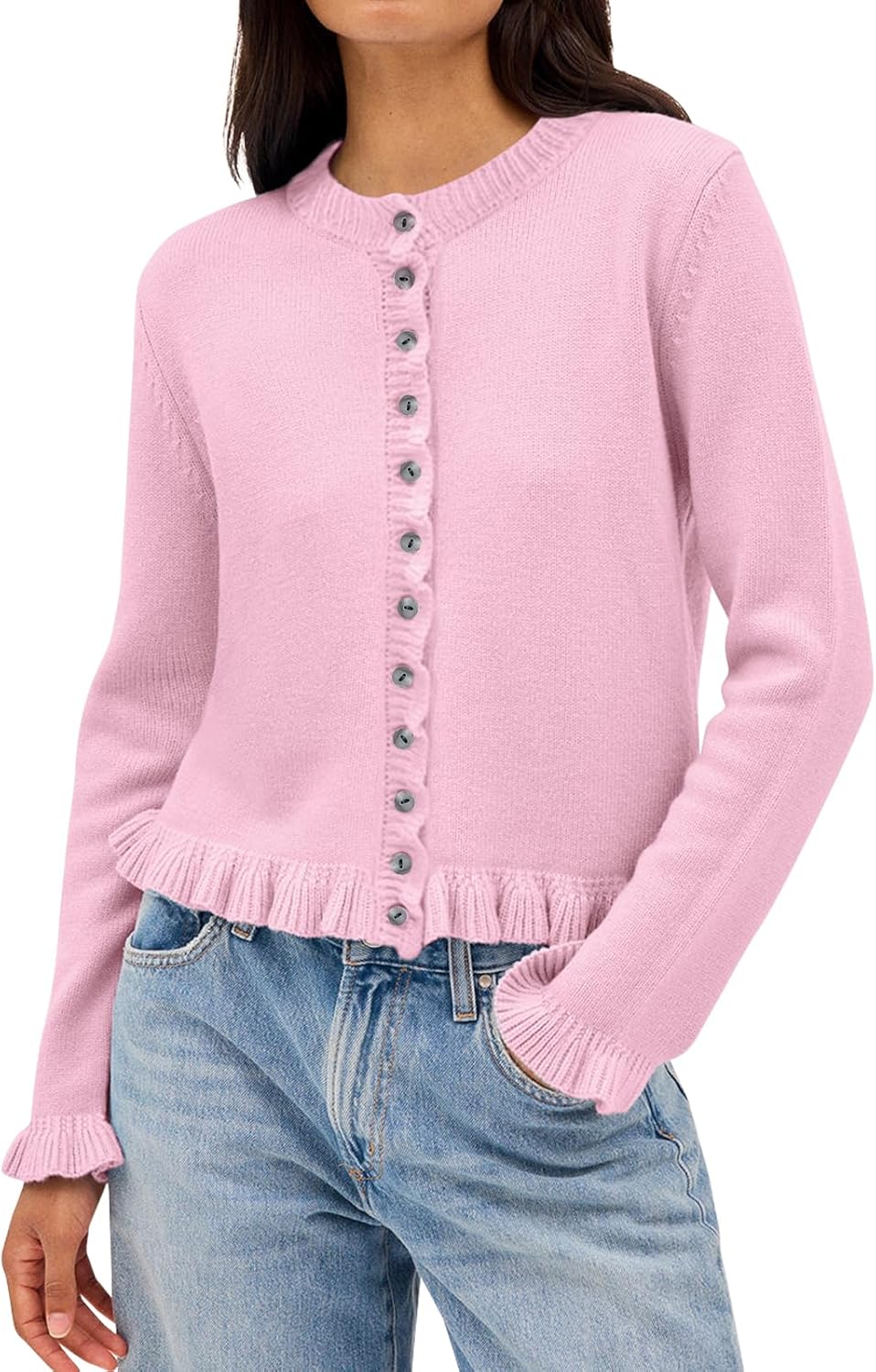 Balimtoy Womens Cropped Ruffle Cardigan Lightweight Crewneck Long Sleeve Button Down Cotton Fall Sweaters Cute Knit Top