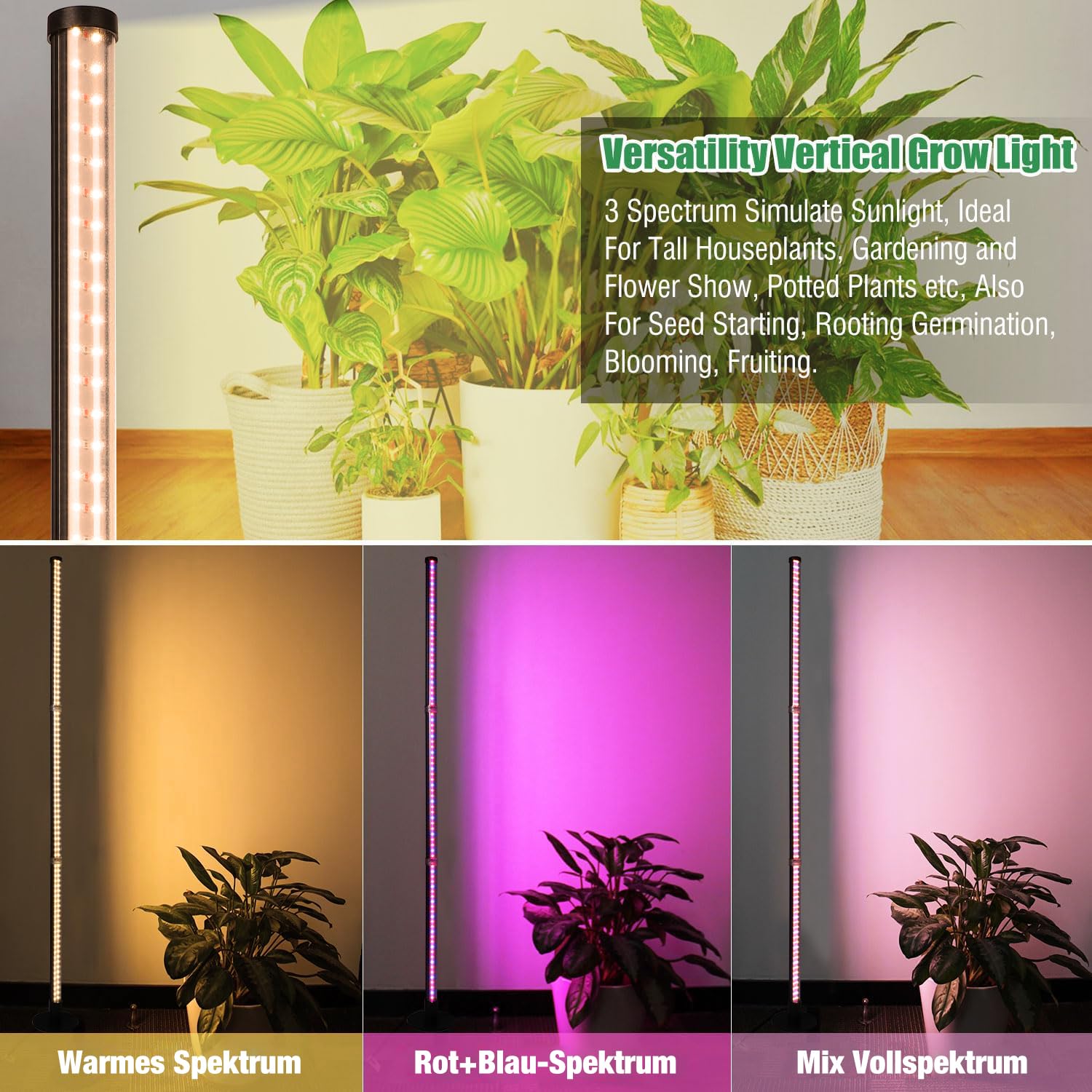 122 cm Pflanzenlampe LED Vollspektrum, 216 LEDs Grow Lampe mit Zeitschaltuhr 4/6/12 Std für Große Zimmerpflanzen, 3 Modi & 5 Dimmstufen Standleuchte mit Metallfuß, Pflanzenlicht für Indoor Anzucht
