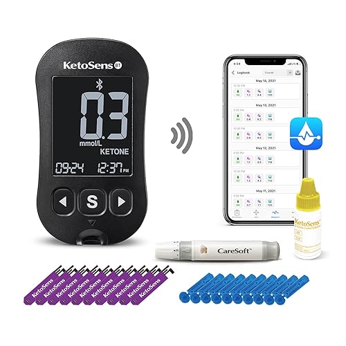 Kit de inicio de monitoreo de cetona de sangre KetoSens con Bluetooth - Ideal para dieta Keto. Incluye medidor, 10 tiras de prueba de cetona, 1 vial