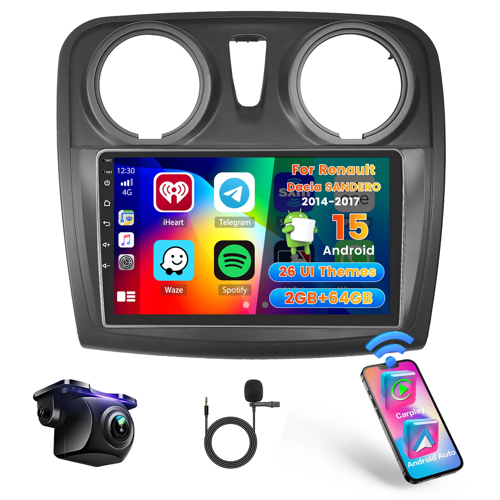 Roinvou 2+64G Autoradio per Renault Dacia Sandero 2014-2017, 9'' | Wireless Carplay Android Auto, Android Stereo Auto, Wi-Fi GPS Bluetooth EQ, FM/RDS SWC Telecamera Posteriore