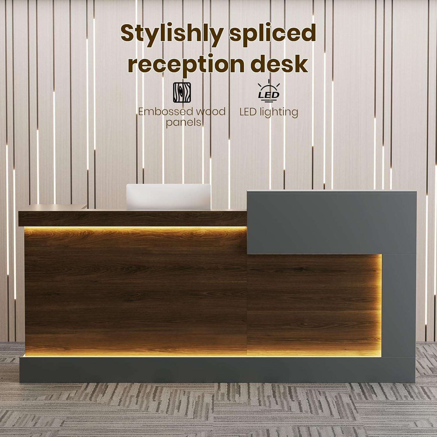 86.6“ L-Shaped Reception Desk with Counter,Modern Reception Desk,Front Counter Table with Adjustable File Cabinet & Keyboard Tray,for Office, Hotel,Financia/Law Firms (Brown+Gray)