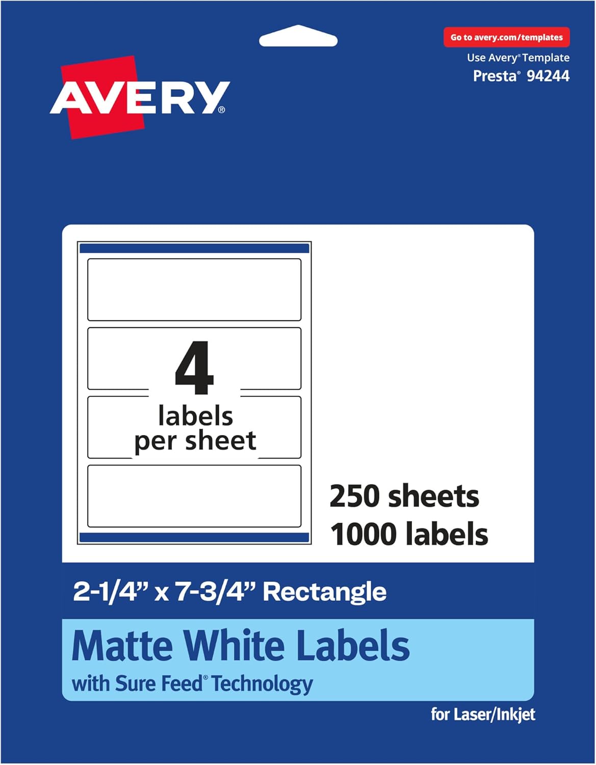 Avery Matte White Rectangle Labels, Sure Feed Technology, 2.25" x 7.75", 400 Matte White Printable Labels