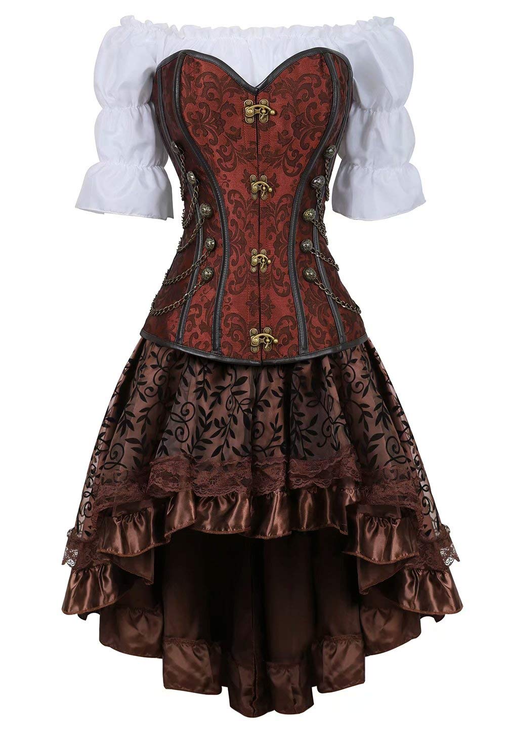 Jutrisujo Corsagenkleid korsett Kleid 3 Teiliges Steampunk Corsage piraten Kostüm mit Corset Dress Spitzenrock und Bluse für Halloween Braun 4XL