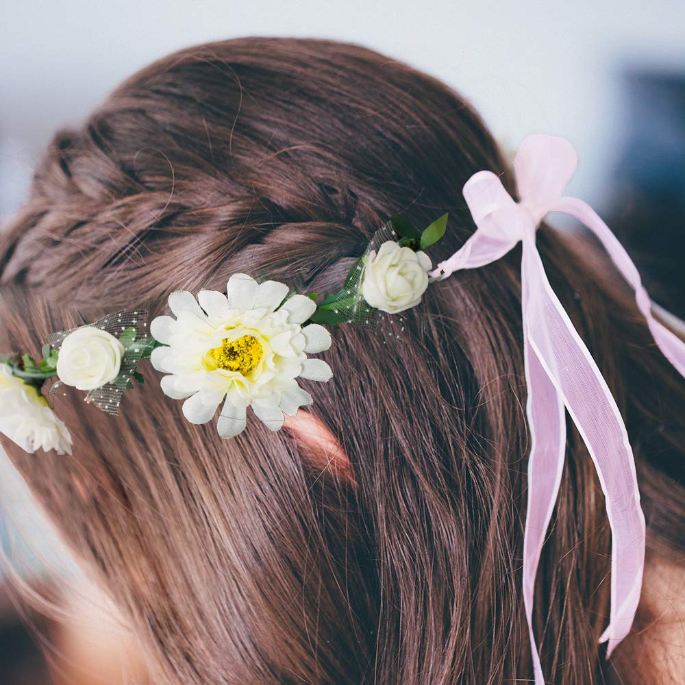 SNAIL GARDEN 6Pcs Adjustable Floral Headbands, Rose Crown Wreath with Ribbon Base and Leaves for Girls, Women, and Teens Birthday Party