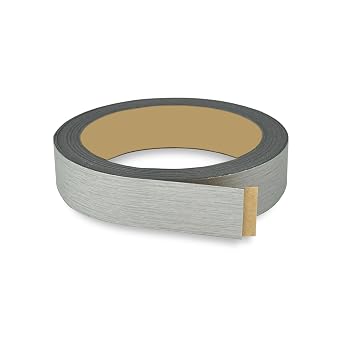 Brushed Silver PVC 1 inch x 50 ft Edge Banding Peel Stick Tape Adhesive Metal Edging Veneer Aluminum Trim Flexible Strip Molding MDF Wood Cabinet Laminate Shelf Furniture Countertop Formica Plywood
