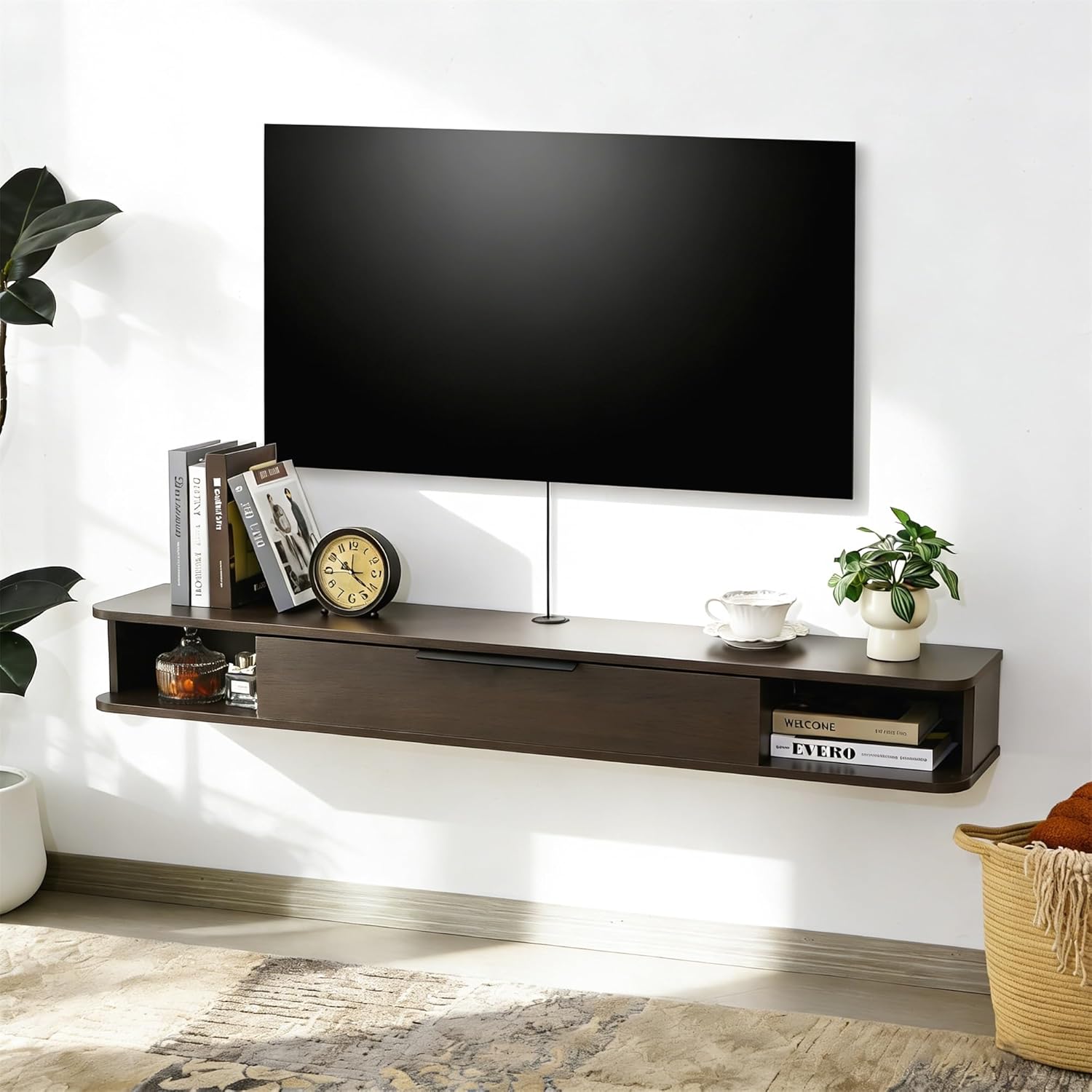 Floating TV Stand, 55" Wall Mounted TV Cabinet, Wood Media Console for TVs up to 65", Entertainment Center with Storage for Living Room, Under TVs Shelf for DVD Player, Coffee