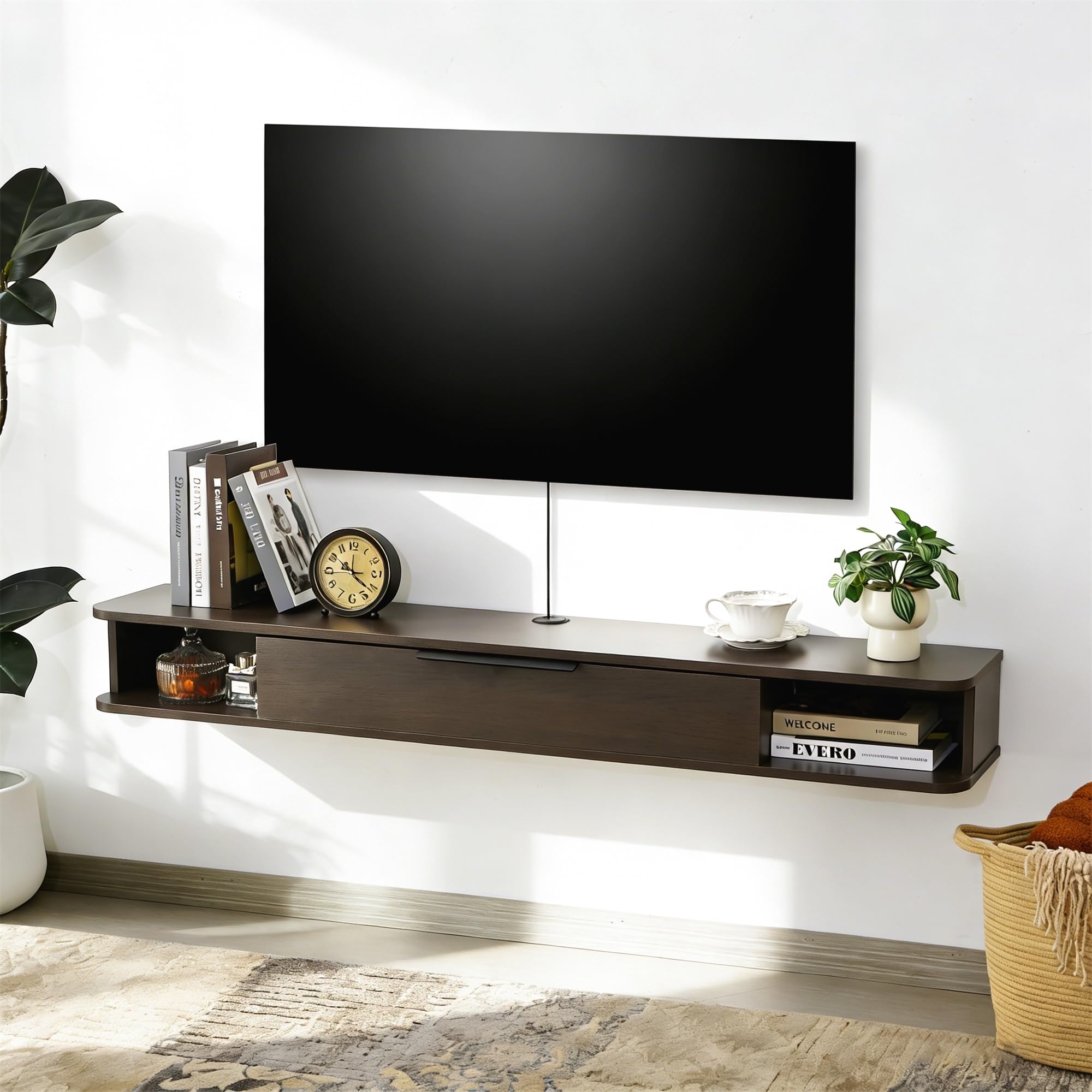 Mordchil EU Wall-mounted TV Cabinet Stand, 140cm Floating Media Console Under TV, Entertainment Shelf Center for Bedroom and Living Room, Greyish-Coffee